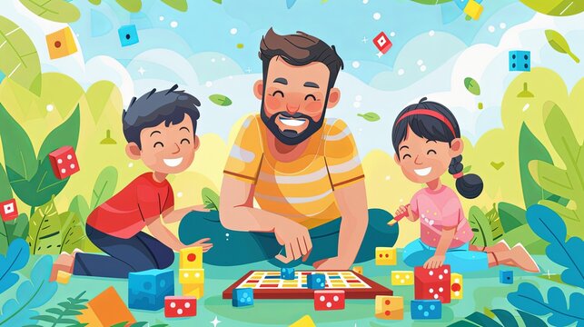 Happy Father's Day - Joyful Family Board Game Time Vector Illustration