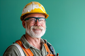 Fototapeta premium Smiling Construction Worker in Yellow Hard Hat and Glasses