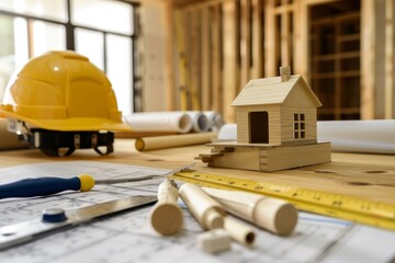Wooden house on a table with construction tools, home renovations