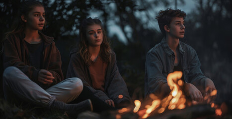 Group of young people sitting around bonfire in summer evening. Concept of outdoor holiday or dating, mountaineering, tourist recreation and sport. Generative ai.
