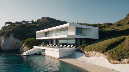 modern minimalist white villa beside the cliff with beautiful sea view