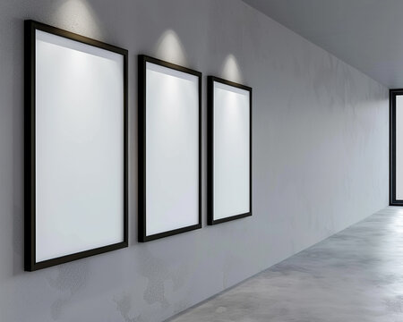 A view from the side in a modern architectural studio showing three empty white frames with dark borders, each spotlighted against a light gray wall. 