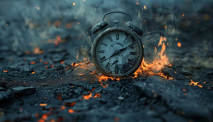 Time is running out, clock with flames 