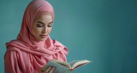 Young muslim woman student in pink hijab reading book on bright blue background. Islamic education concept for women. Generative ai.