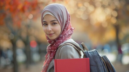 Young muslim woman student in hijab holding books in university college campus. Islamic education concept for women. Generative ai