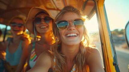 Happy Young Friends on a Sunny Road Trip Summer Adventure. Generative ai