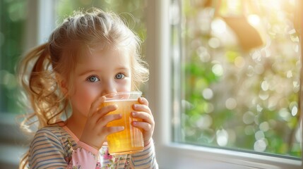 Little Girl Enjoying Homemade Drink Kombucha, Healthy Fermented Beverage. Generative ai
