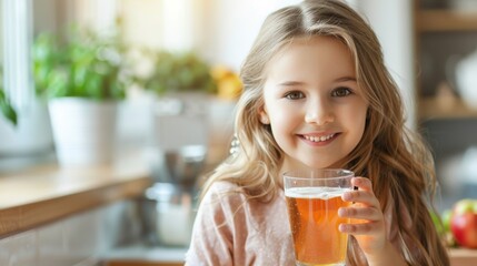 Little Girl Enjoying Homemade Drink Kombucha, Healthy Fermented Beverage. Generative ai