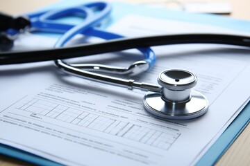 A medical stethoscope lies on a clipboard with a patient's medical chart, indicating a medical examination or consultation