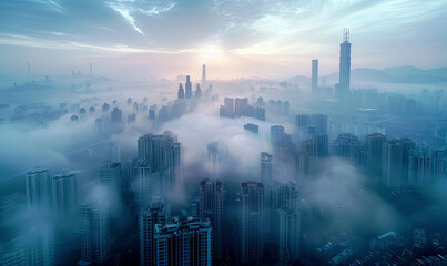 Shoot a panoramic view of Shenzhenâ€™s dense skyline during early morning, with mist rolling between the skyscrapers, providing a mystic quality to the  high-rise structures. , Generate AI