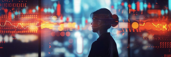 Fototapeta premium Silhouetted individual against a digital interface reflecting concepts of technology and virtual reality