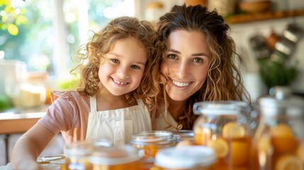 Mother and Little Girl Making Homemade Drink Kombucha, Healthy Fermented Beverage. Generative ai