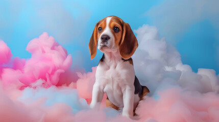 A cute beagle puppy is sitting on a cloud of pink and blue foam. The fluffy cloud of foam is soft and comfortable The image has a playful. beagle puppy sitting on a cloud of pink and blue cotton candy