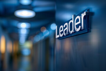 The word Leader in bold metal letters on a wall in a corporate office environment with a modern, professional feel