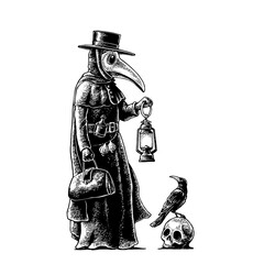 Plague doctor with bird mask. Crow sitting on skull. Engraving