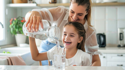 Young beautiful mother and little girl drinking fresh pure water from glasses in kitchen Happy mom and daughter holding glasses with water. Eating habits, water filter advertisement, healthy nutrition