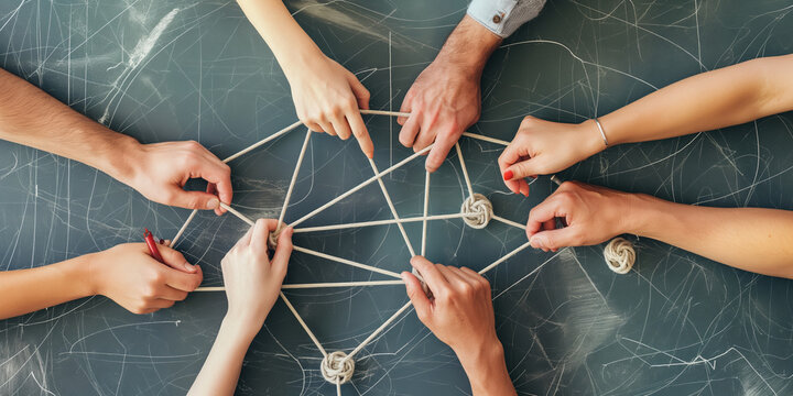 A group of people engage in a string game, creating a web of interconnected loops with their hands