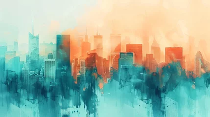 Tableau sur plexiglas Aquarelle gratte-ciel abstract watercolor cityscape with skyscrapers double exposure urban scene orange and teal digital art  © Bijac
