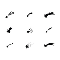 Shooting stars icon vector set. Black shooting star isolated on white background. Shooting stars, star logo designs template, Black falling stars, Comet tail vector.