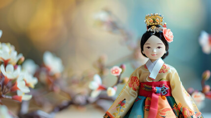 Korean Woman Doll Wearing Traditional Outfit with Blurry Flowers in Background