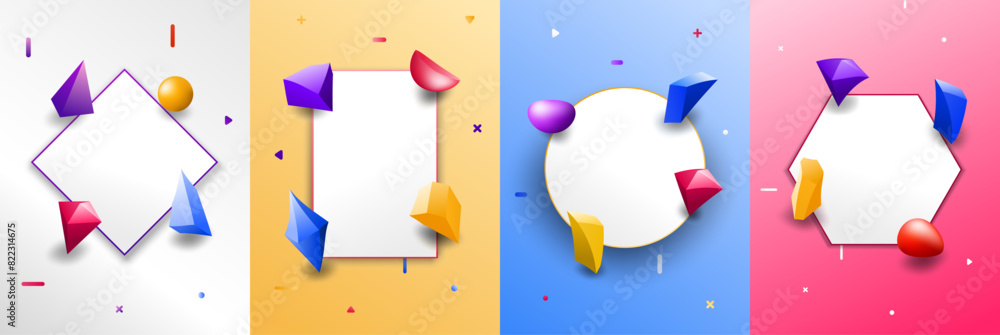 Aufkleber vector illustration. 3d polygonal geometric twisted objects on empty white banners. memphis pattern.