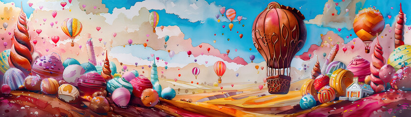 A whimsical scene of a hot air balloon made of chocolate soaring over a candyland, Fantasy, Watercolor, Bright and cheerful