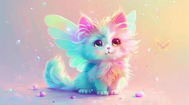 adorable kawaii fairy cat character in colorful tones cute digital illustration