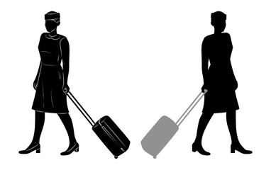 Black silhouette of a civil aviation flight attendant, stewardess. Profession, work, hobby