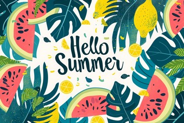 "Hello Summer" flat design illustration background with summer elements - watermelon, lemon, and palm leaves. Design element for banner, poster or greeting card template.