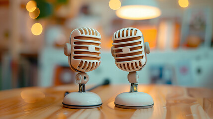 Pair of Podcast Microphone Above Table