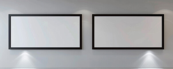 Two horizontal empty white frames with dark borders in a sophisticated architectural office, each spotlighted against a light gray wall. 