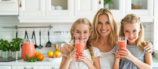 Happy young beautiful mother and her little daughters enjoying healthy pink berry smoothie drink or juice, drinking and enjoy fresh cocktail in the kitchen. diet, detox and Healthy food banner.