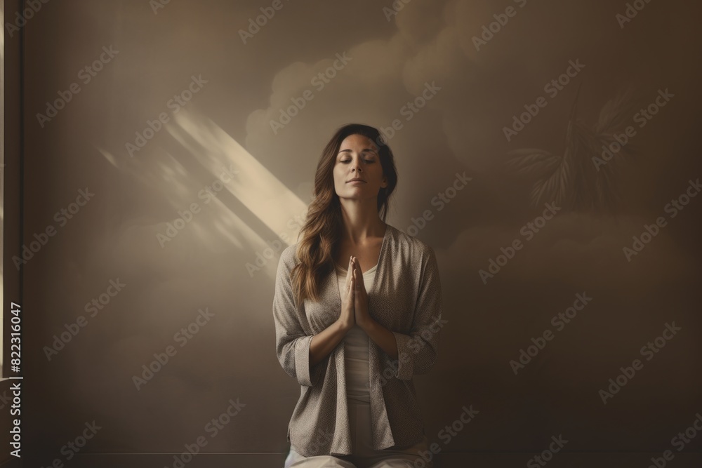 Wall mural Portrait of a glad woman in her 30s joining palms in a gesture of gratitude while standing against bare monochromatic room - Wall murals