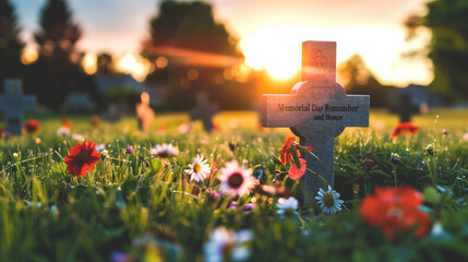 In a subdued composition, the inscription "Memorial Day Remember and Honor" is placed against the background of a cross in a military cemetery.