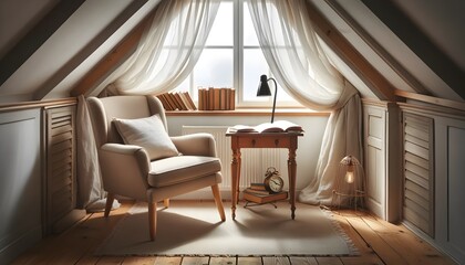 Reading nook in the attic with chairs and books