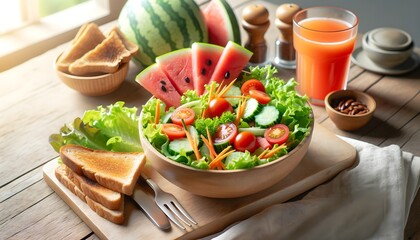 Salad bowl with lots of fresh vegetables like lettuce, carrots and tomatoes, with toasted whole wheat bread. and watermelon juice in a clear glass Create new lighting and angles on a light wooden tabl