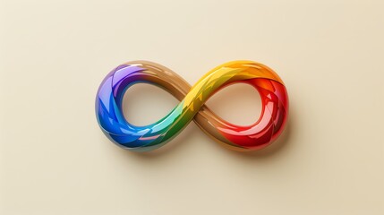 Minimal modern image of a rainbow infinity symbol brooch, centered on a clean background, vibrant colors, strategic negative space