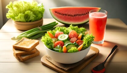 Salad bowl with lots of fresh vegetables like lettuce, carrots and tomatoes, with toasted whole wheat bread. and watermelon juice in a clear glass Create new lighting and angles on a light wooden tabl