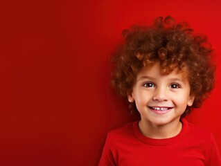 Red background Happy european white child realistic person portrait of young beautiful Smiling child Isolated on Background Banner with copyspace 