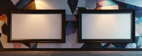 In a contemporary architectural studio, two white frames with dark borders are displayed against a wall with a bold geometric print