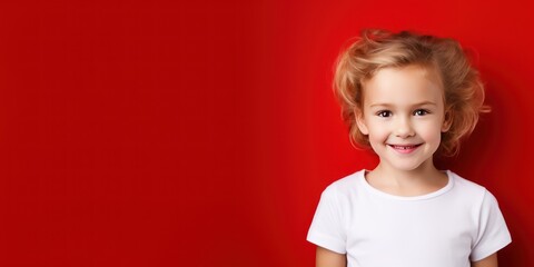 Red background Happy european white child realistic person portrait of young beautiful Smiling child Isolated on Background Banner with copyspace 
