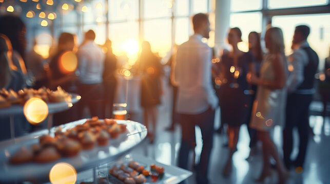 Business event in an office with a crowd of employees. Food and drink in a meeting or conference room with business people in the background. Blurred shot of business people at a party in the office
