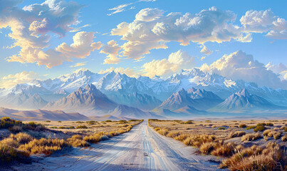 Shoot a serene scene where a lonely road meanders towards the distant Andes mountains, captured at the break of dawn with the sky , Generate AI