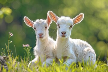 Obraz premium Two cute baby goats sheep sitting on a green meadow background 