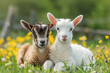 Fototapeta premium Two cute baby goats sheep sitting on a green meadow background 