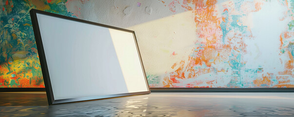 In a modern architectural studio, one large white frame with dark borders is spotlighted against a wall featuring a vibrant mural texture.
