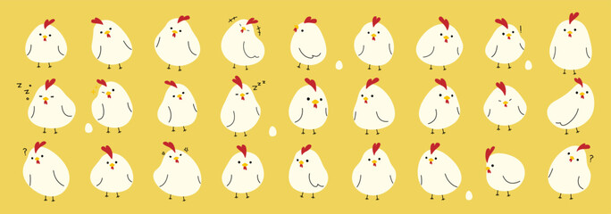 Obraz premium White Chicken collection 1 cute on a yellow background, vector illustration.
