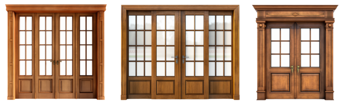 Set of wooden double doors with glass panes isolated on transparent or white background - Powered by Adobe