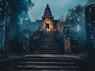 Mystical Ancient Stone Temple Amidst Lush Southeast Asian Forest - Weathered Steps, Warm Interior Light, Misty Ambiance, Eerie Serene Atmosphere, Historical Architecture, Mossy Facade and Pillars