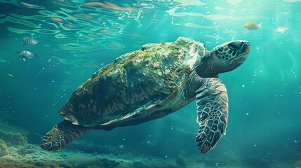 Fototapeta premium ancient turtle swimming in crystal blue ocean waters serene underwater wildlife illustration